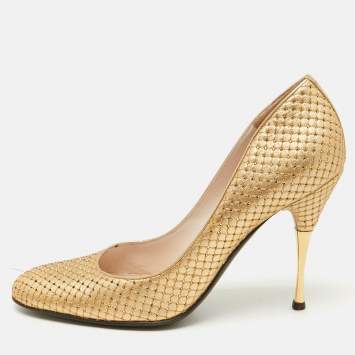 Pre Owned Sergio Rossi Gold Leather Crystal Embellished Pumps Size 40