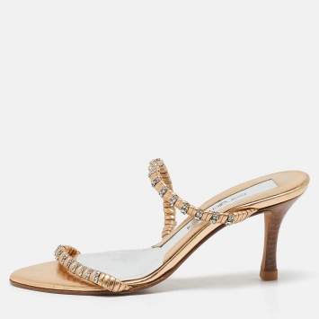 Pre Owned Sergio Rossi Gold Leather Crystal Embellished  Slide Sandals Size 35