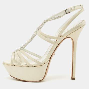 Sergio Rossi Cream Satin Crystal Embellished Platform Sandals Size 35.5