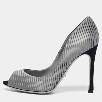 Pre Owned Sergio Rossi Grey Pleated Satin Peep Toe Pumps Size 38