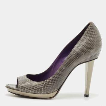 Sergio Rossi Dark Grey Snakeskin Leather Open Toe Pumps Size 37