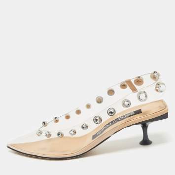 Sergio Rossi Beige/Black PVC Crystals Embellished Slingback Pumps Size 38.5