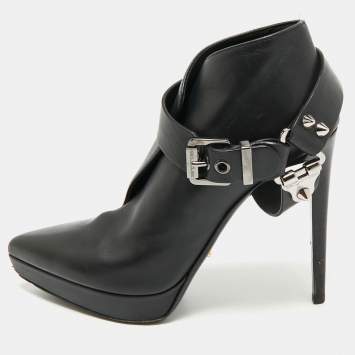 Sergio Rossi Black Leather Studded Ankle Length Platform Boots Size 38