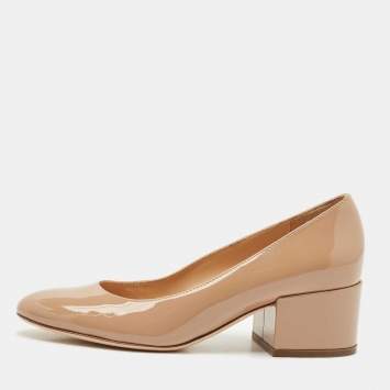 Sergio Rossi Beige Patent Leather Block Heel Pumps Size 34.5