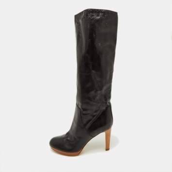 Sergio Rossi Black Perforated Leather Calf Length Boots Size 38.5