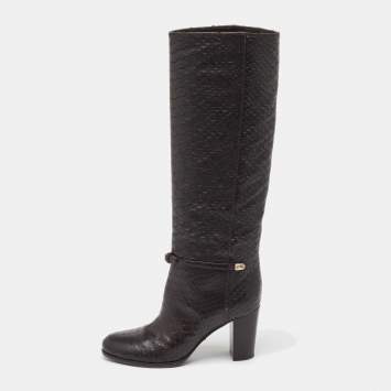 Sergio Rossi Dark Brown Python Embossed Leather Knee Length Boots Size 35.5