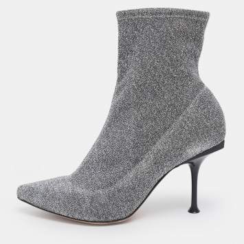 Pre Owned Sergio Rossi Silver Knit Fabric Sock Ankle Boots Size 36.5