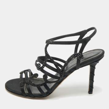 Pre Owned Sergio Rossi Black Satin Crystal Embellished Ankle Strap Sandals Size 36