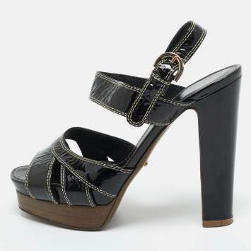 Pre Owned Sergio Rossi Black Patent Leather Ankle Strap Platform Sandals Size 37.5