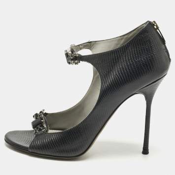 Pre Owned Sergio Rossi Black Lizard Embossed Leather Open Toe Sandals Size 37.5