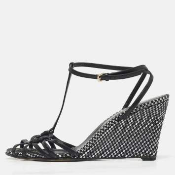 Pre Owned Sergio Rossi Black/White Raffia Ankle Strap Wedge Sandals Size 38.5
