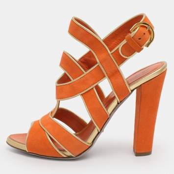 Pre Owned Sergio Rossi Orange Suede Strappy Slingback Sandals Size 38