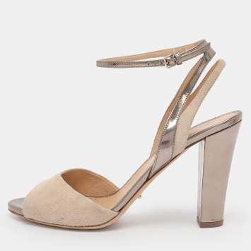 Pre Owned Sergio Rossi Beige Leather and Suede Ankle Strap Sandals Size 38.5