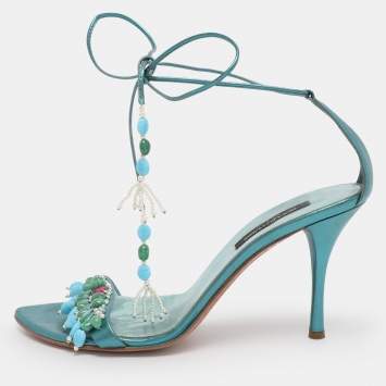 Pre Owned Sergio Rossi Metallic Green Leather Stone Embellished Ankle Strap Sandals Size 38.5