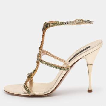 Pre Owned Sergio Rossi Gold Leather Ankle Strap Sandals Size 38.5