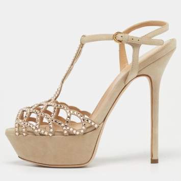 Pre Owned Sergio Rossi Grey Suede Embellished Strappy Scalloped Platform Sandals Size 36
