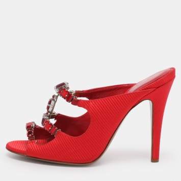 مملوكة مسبقًا Sergio Rossi Red Fabric Crystal Embellished Slide Sandals Size 36.5