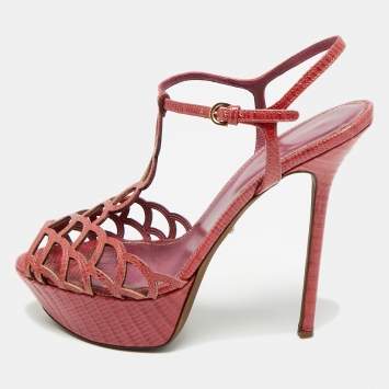 مملوكة مسبقًا Sergio Rossi Purple Lizard Embossed Leather Cut-out Platform Ankle Strap Sandals Size 39.5