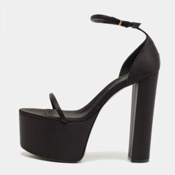 مملوكة مسبقًا Sergio Rossi Size 41.5 Black Satin Platform Strappy Block Heel Sandals