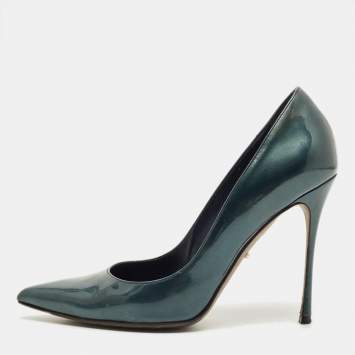 Pre Owned Sergio Rossi Godiva Size 37 Metallic Green Patent Leather Pointed Toe Pumps