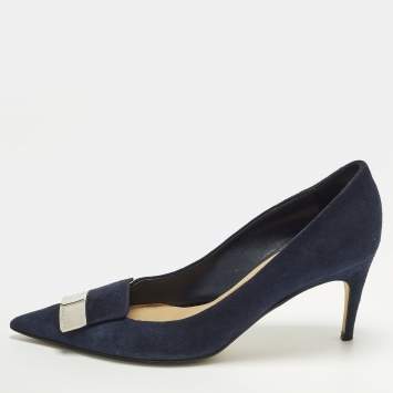 Pre Owned Sergio Rossi SR1 Size 38 Navy Blue Suede Pumps