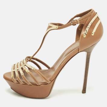 Pre Owned Sergio Rossi Size 39 Brown/Gold Metal and Leather Platform Ankle Strap Sandals