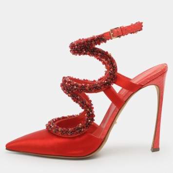 Pre Owned Sergio Rossi Size Embellished 40 Red Python Leather and Satin Ankle Strap Sandals