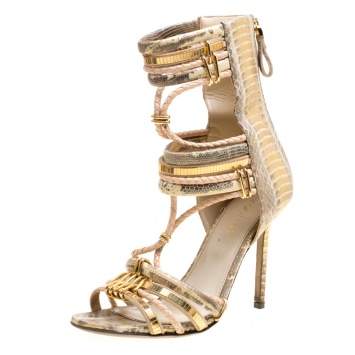 Pre Owned Sergio Rossi Metallic Beige Mix Exotic Leather Braid Detail Peep Toe Sandals Size 36.5