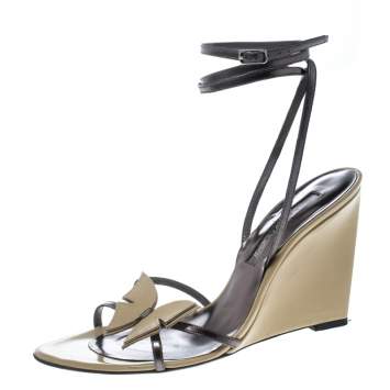 Pre Owned Sergio Rossi Beige/Metallic Grey Leather Strappy Wedge Sandals Size 38