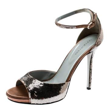 Pre Owned Sergio Rossi Brown Sequin Embellished Ankle Strap Platform Sandals Size 39.5