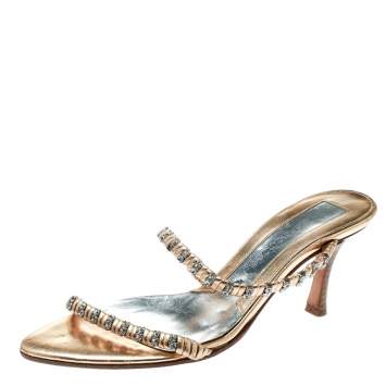 Pre Owned Sergio Rossi Metallic Gold Leather Crystal Embellished Cross Over Open Toe Sandals Size 35