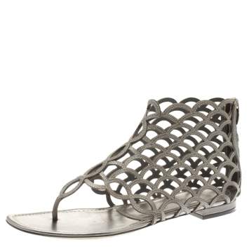 Pre Owned Sergio Rossi Metallic Grey Leather Cut Out Scalloped Flat Sandals Size 39.5