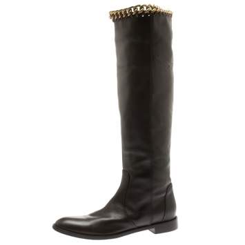 Pre Owned Sergio Rossi Brown Leather Chain Trim Knee Length Boots Size 40.5