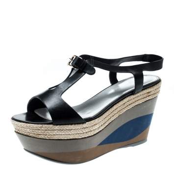 Pre Owned Sergio Rossi Black Leather Ankle Strap Wedge Sandals Size 36.5