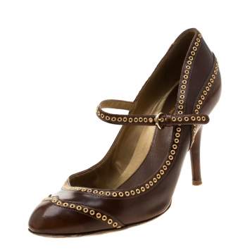 Pre Owned Sergio Rossi Brown Leather Eyelets Strap Pumps Size 37.5
