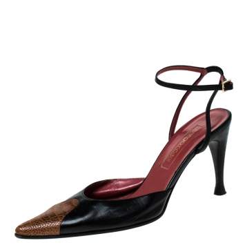 Pre Owned Sergio Rossi Black Leather And Brown Ostrich Trim Pointed Toe Ankle Strap Sandals Size 38.5