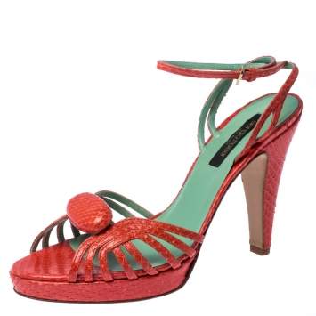 Pre Owned Sergio Rossi Pink Python Leather Ankle Strap Platform Sandals Size 37