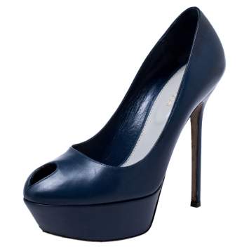 Sergio Rossi Blue Leather Peep Toe Platform Pumps Size 37