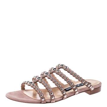 Pre Owned Sergio Rossi Beige Suede Studded Strappy Flat Slides Size 37