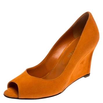 Pre Owned Sergio Rossi Orange Suede Peep Toe Wedge Pumps Size 36.5