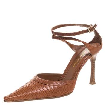 Pre Owned Sergio Rossi Brown Lizard Leather Pointed Toe Ankle Strap Sandals Size 36