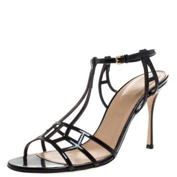 Pre Owned Sergio Rossi Black Strappy Leather Cubic Ankle Strap Sandals Size 40