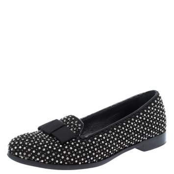 Pre Owned Sergio Rossi Black Crystal Embellished Fabric Bow Detail Flat Loafers Size 36.5