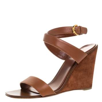 مملوكة مسبقًا Sergio Rossi Brown Leather Open Toe Wedge Ankle Strap Sandals Size 39.5