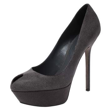 Pre Owned Sergio Rossi Grey Textured Leather Peep Toe Platform Pumps Size 38.5