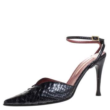 Pre Owned Sergio Rossi Black Python Leather Pointed Toe Ankle Strap Sandals Size 38.5