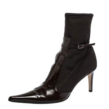 Pre Owned Sergio Rossi Dark Brown Leather and Mesh Pointed Toe Ankle Boots Size 40
