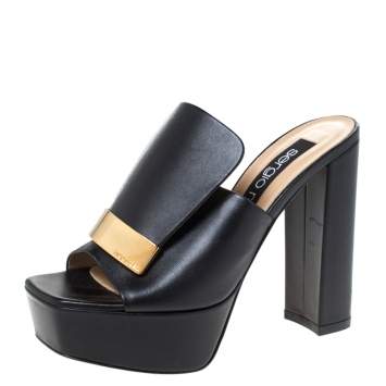 Pre Owned Sergio Rossi Black Leather SR1 Platform Slide Mules Size 36