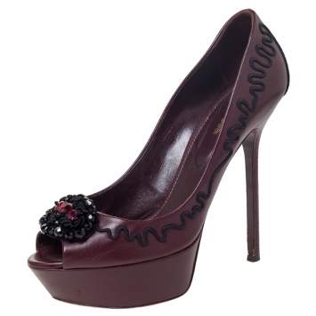 Pre Owned Sergio Rossi Burgundy Leather Embellished Platform Open Toe Pumps Size 39