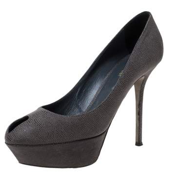 Pre Owned Sergio Rossi Grey Textured Suede Peep Toe Platform Pumps Size 39.5